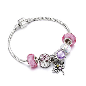 European Jewelry Charm Women Bracelet Crystal Pink Gem Bead Silver Tassel Ladies Bangle Kids Gift Accessories DIY Pulseras mujer