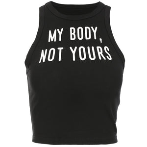 2019 New Woman Cotton T Shirt Summer Ladies Letter Print Bare-midriff Tops Tees Sleeveless Black Tops Casual Short Length