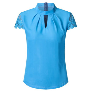 Women Sexy Tshirts Summer Casual Hollow White Chiffon Short Sleeve Splice Lace Tops Shirts Blusas Mujer De Moda Plus Size 3XL