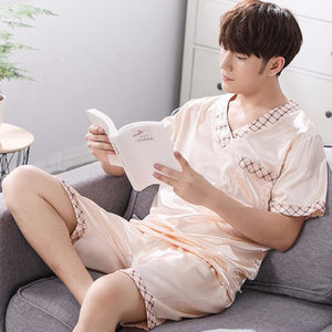 Thoshine Brand Spring Summer Autumn Men Satin Silk Pyjamas Sets of T-shirt & Shorts Male Pijama Sleepwear Leisure Home Clothing