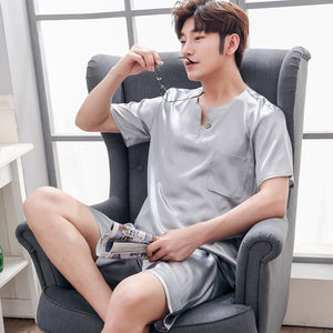 Thoshine Brand Spring Summer Autumn Men Satin Silk Pyjamas Sets of T-shirt & Shorts Male Pijama Sleepwear Leisure Home Clothing