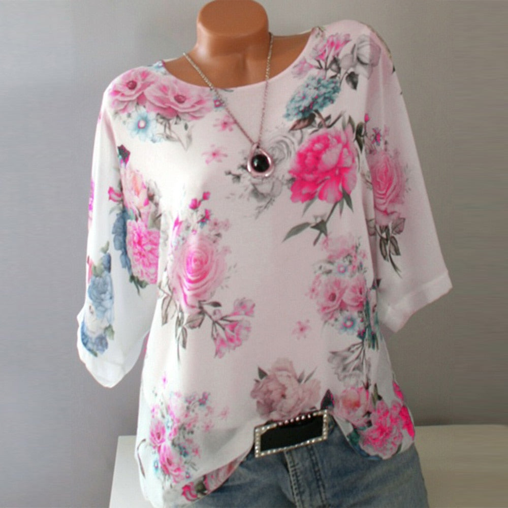 Blouse Women Female Casual Short Sleeve Floral Print Neck Loose Shirt Blusas Tee Blouses Lady 2019 Summer Tops Plus Size 5XL H30