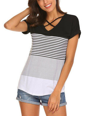 2019 Summer Women Striped T Shirt Short Sleeve V Neck Bandage TShirt Casual Sexy Women T Shirt Camisetas Feminina Lady Tops