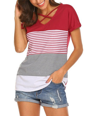 2019 Summer Women Striped T Shirt Short Sleeve V Neck Bandage TShirt Casual Sexy Women T Shirt Camisetas Feminina Lady Tops