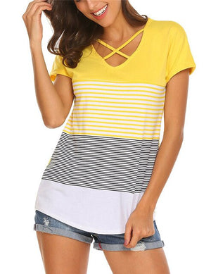 2019 Summer Women Striped T Shirt Short Sleeve V Neck Bandage TShirt Casual Sexy Women T Shirt Camisetas Feminina Lady Tops