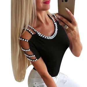 Tshirt Summer Short Sleeve Solid O Neck Pearl Slim Fit Women Tops Casual Hollow Out modis T Shirt Streetwear camiseta mujer H30