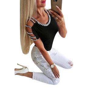 Tshirt Summer Short Sleeve Solid O Neck Pearl Slim Fit Women Tops Casual Hollow Out modis T Shirt Streetwear camiseta mujer H30