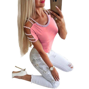 Tshirt Summer Short Sleeve Solid O Neck Pearl Slim Fit Women Tops Casual Hollow Out modis T Shirt Streetwear camiseta mujer H30