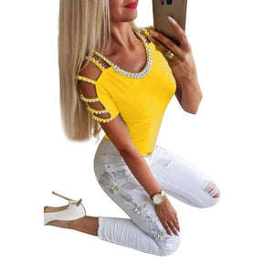 Tshirt Summer Short Sleeve Solid O Neck Pearl Slim Fit Women Tops Casual Hollow Out modis T Shirt Streetwear camiseta mujer H30