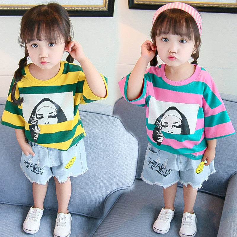 Female Bao Loose Comfort T-shirt 2019 girls Summer new fashion casual striped print jumper top 4147