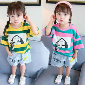 Female Bao Loose Comfort T-shirt 2019 girls Summer new fashion casual striped print jumper top 4147