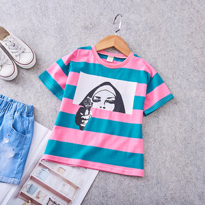 Female Bao Loose Comfort T-shirt 2019 girls Summer new fashion casual striped print jumper top 4147