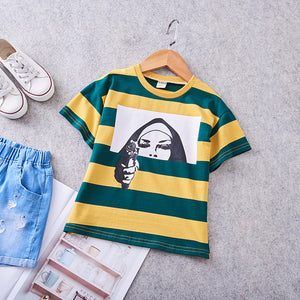 Female Bao Loose Comfort T-shirt 2019 girls Summer new fashion casual striped print jumper top 4147