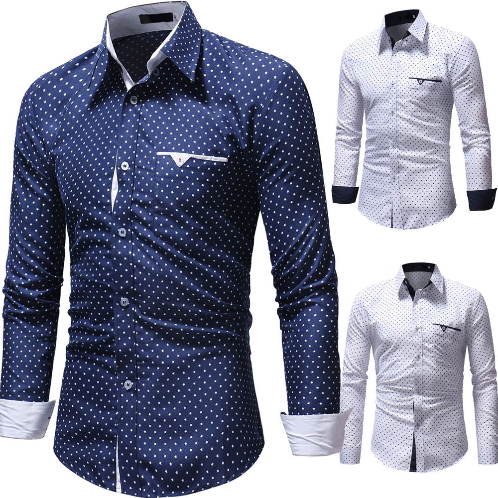 Shirt Slim Men Casual Men Shirt Summer Polyester Men's Formal Polka Dot Slim Fit Long Sleeve Shirt Top Blouse W412
