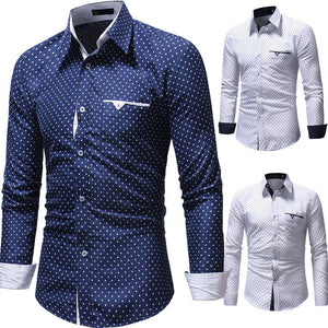 Shirt Slim Men Casual Men Shirt Summer Polyester Men's Formal Polka Dot Slim Fit Long Sleeve Shirt Top Blouse W412