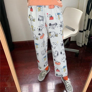 Summer trousers new preppy style women pants super cute cartoon print elastic waist wide leg pants cute casual bottoms female